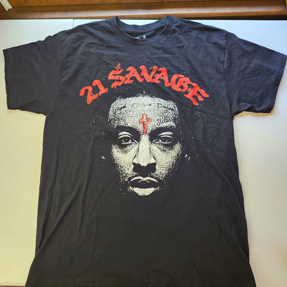 21 Savage Mens Double-Sided Graphic T-Shirt Black Crew Neck Sz L 100% Cotton